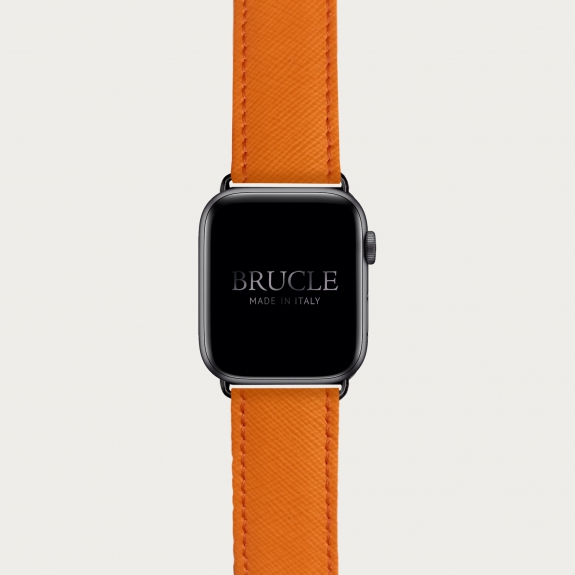 Cinturino arancio in pelle stampa Saffiano per orologio, Apple Watch e Samsung Galaxy Watch