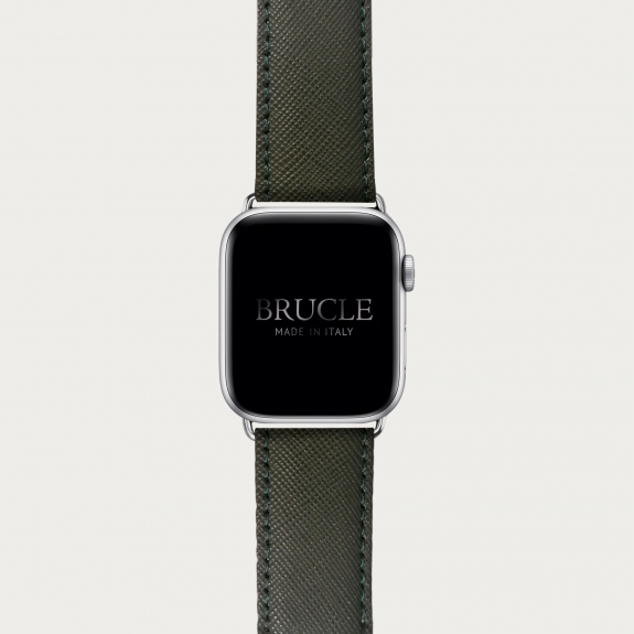Leather Watch band compatible with Apple Watch / Samsung smartwatch, military green Saffiano print