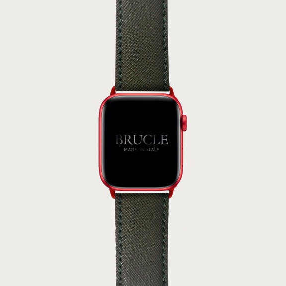 Cinturino verde militare in pelle stampa Saffiano per orologio, Apple Watch e Samsung Galaxy Watch