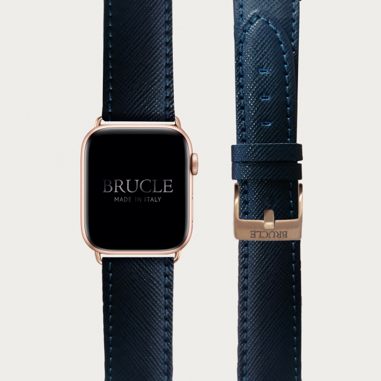 Bracelet en cuir pour montre, Apple Watch et Samsung smartwatch, imprimé Saffiano, navy blue