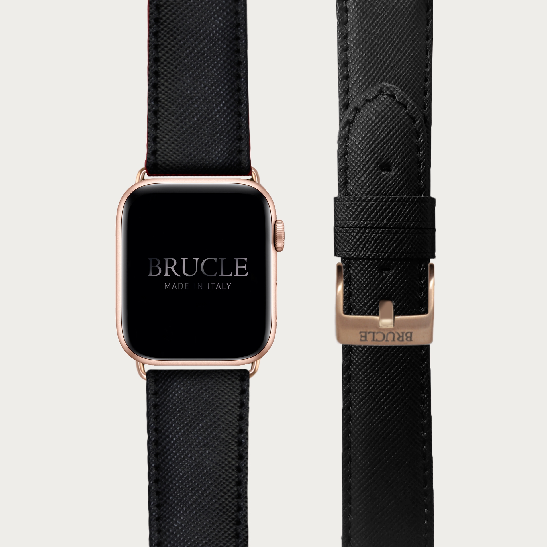 Armband kompatibel mit Apple Watch / Samsung Smartwatch, Schwarz, leder mit Saffiano-print