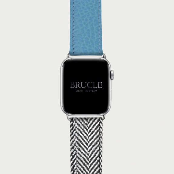 Leather Watch band compatible with Apple Watch / Samsung smartwatch, bicolor blue dollar print and herringbone pattern