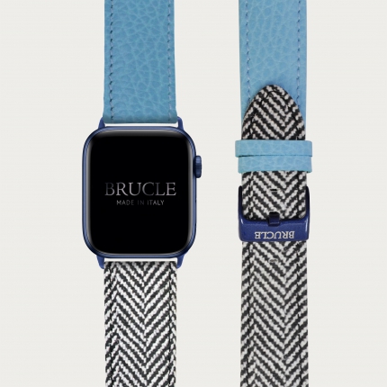 Bracelet en cuir pour montre, Apple Watch et Samsung smartwatch, imprimé bleu et motif à chevrons