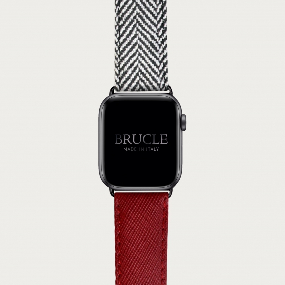 Bracelet en cuir pour montre, Apple Watch et Samsung smartwatch, imprimé Saffiano rouge et motif à chevrons