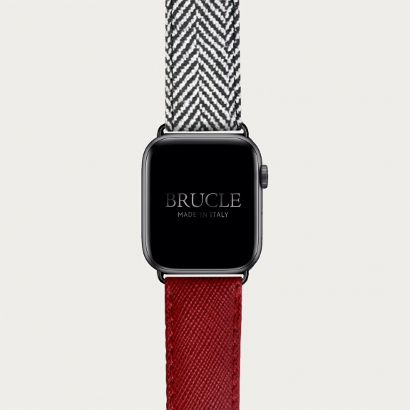 Leather Watch band compatible with Apple Watch / Samsung smartwatch, bicolor red Saffiano print and herringbone pattern