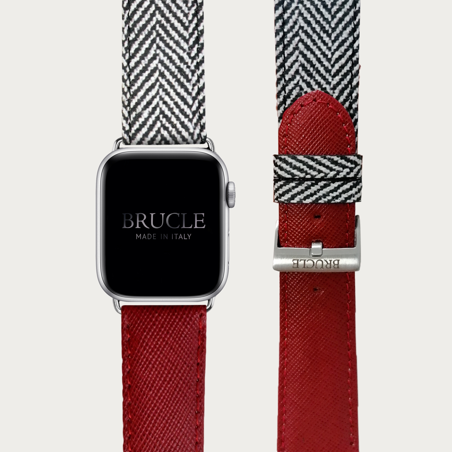 Leather Watch band compatible with Apple Watch / Samsung smartwatch, bicolor red Saffiano print and herringbone pattern