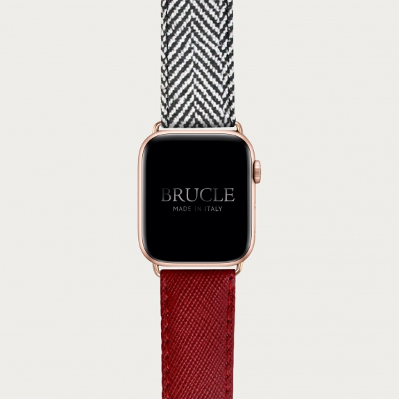 Bracelet en cuir pour montre, Apple Watch et Samsung smartwatch, imprimé Saffiano rouge et motif à chevrons