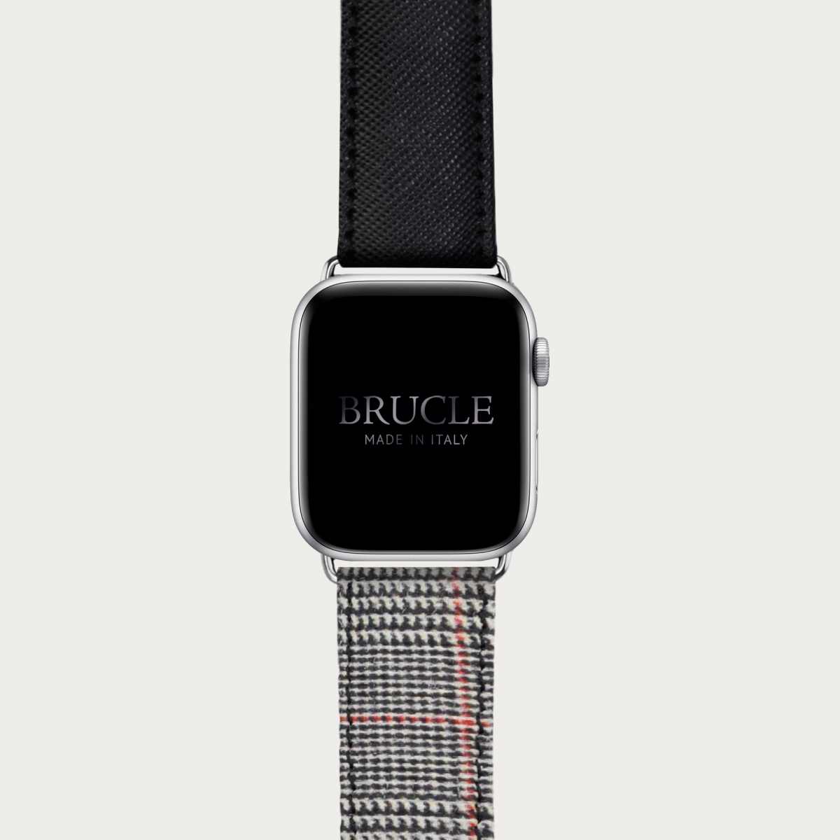Cinturino bicolor in pelle stampata per orologio, Apple Watch e Samsung Galaxy Watch, saffiano nero e tartan