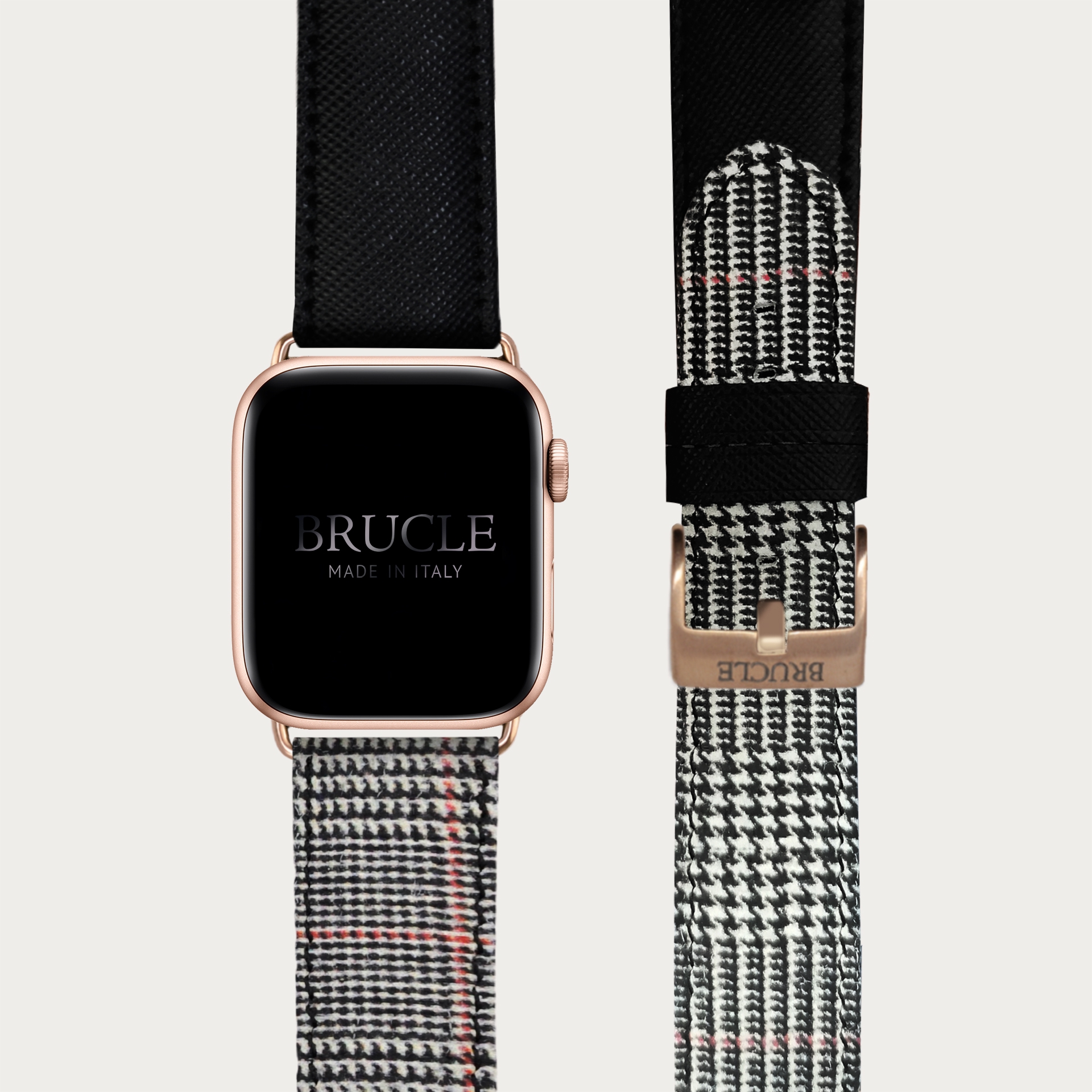 Leather Watch band compatible with Apple Watch / Samsung smartwatch, bicolor black Saffiano print and Wales pattern