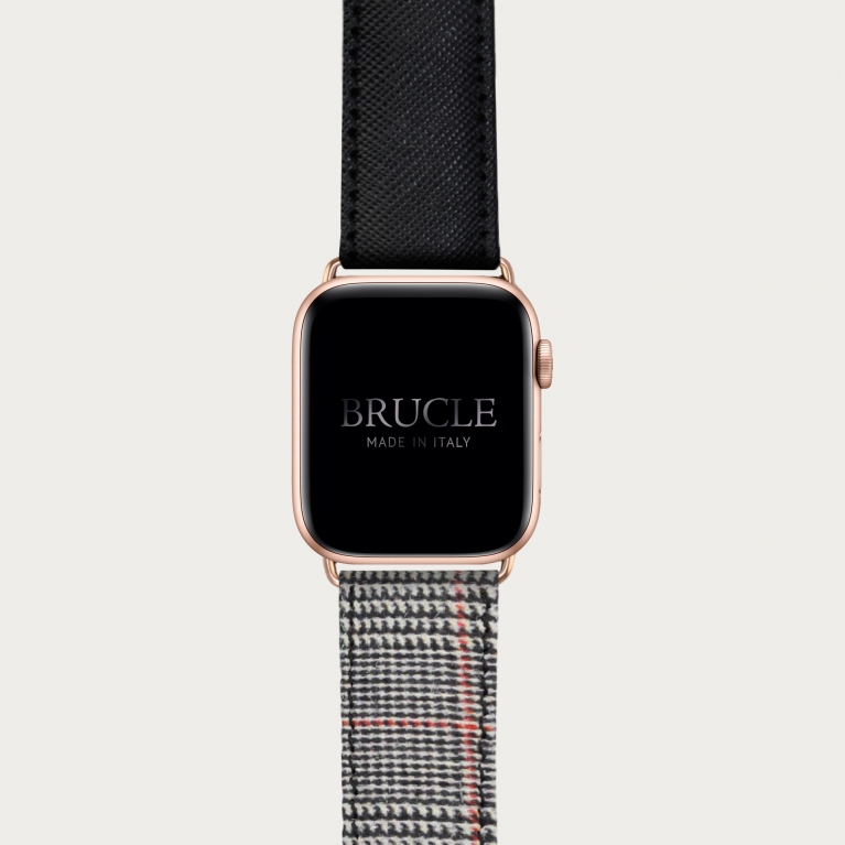 Bracelet en cuir pour montre, Apple Watch et Samsung smartwatch, imprimé Saffiano noir et motif à chevrons