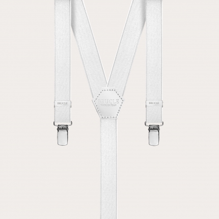 Formal skinny Y-shape elastic suspenders with clips, satin pearl white