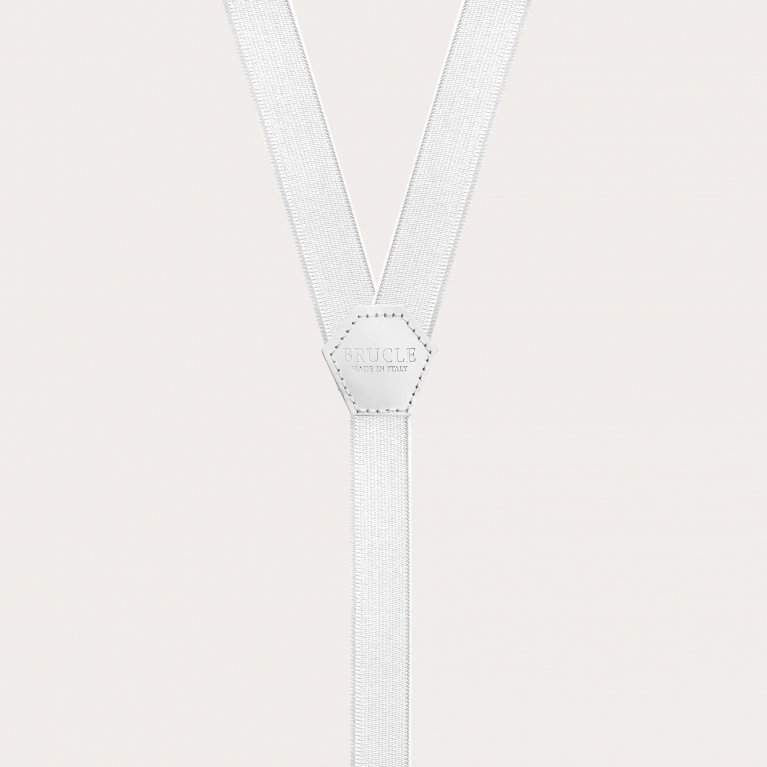 Formal skinny Y-shape elastic suspenders with clips, satin pearl white