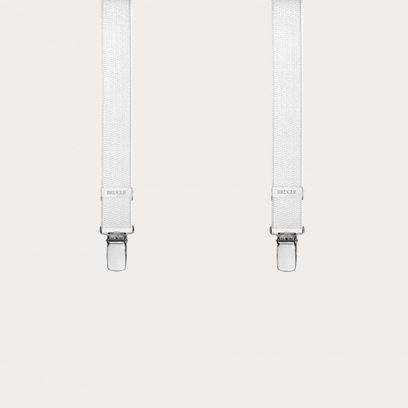 Formal skinny Y-shape elastic suspenders with clips, satin pearl white
