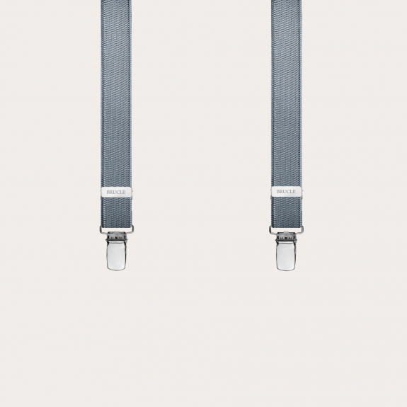 Formal skinny Y-shape elastic suspenders with clips, satin grey