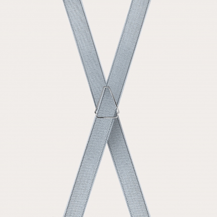 Formal skinny X-shape elastic suspenders with clips, satin silver