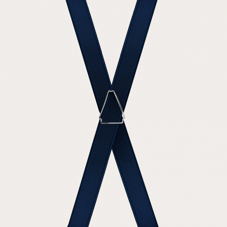 Formal skinny X-shape elastic suspenders with clips, satin blue navy