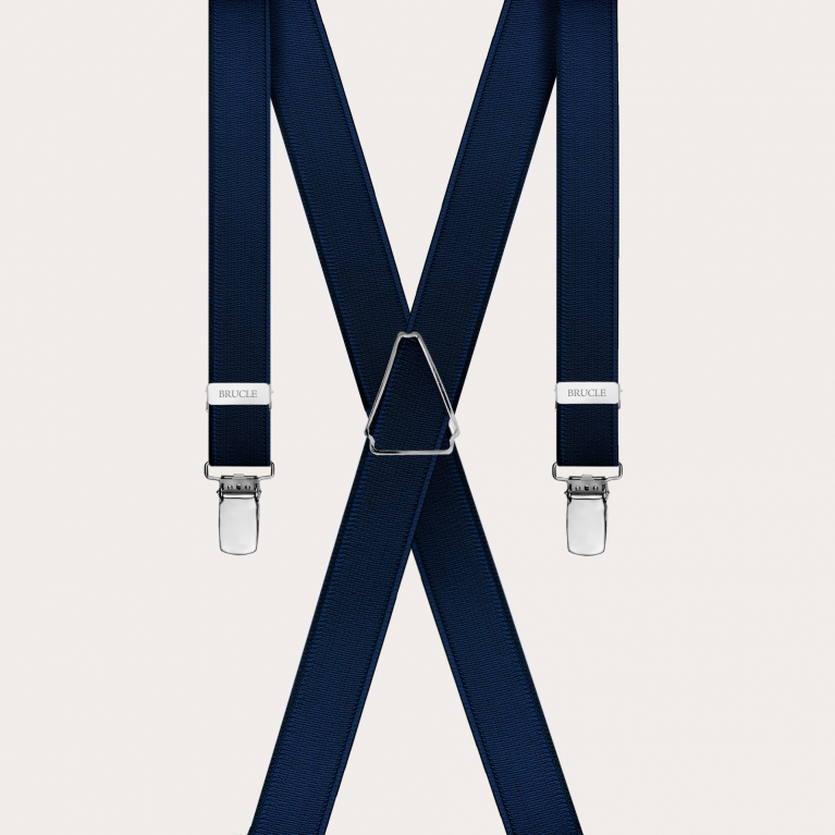 Formal skinny X-shape elastic suspenders with clips, satin blue navy