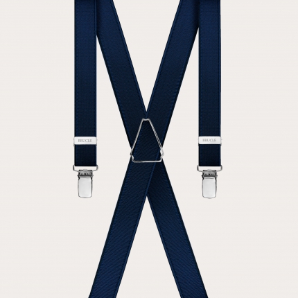 Formal skinny X-shape elastic suspenders with clips, satin blue navy