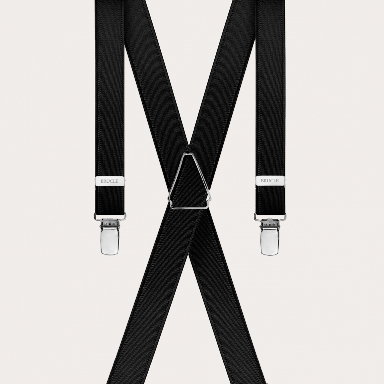 Formal skinny X-shape elastic suspenders with clips, satin black