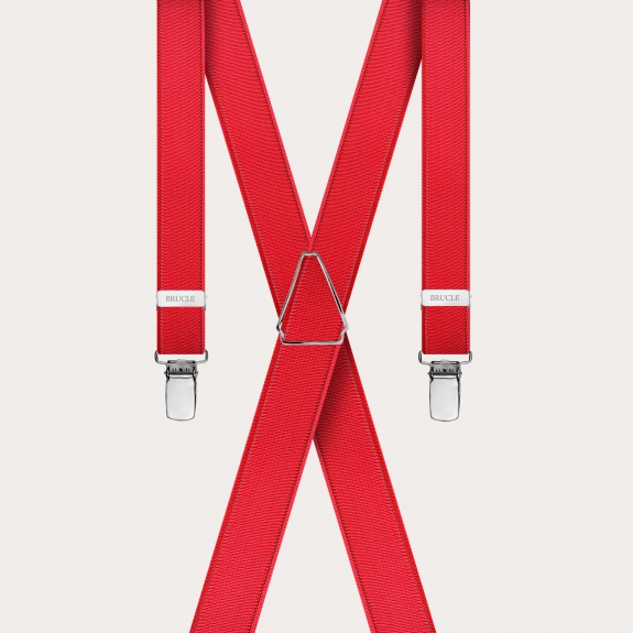 Formal skinny X-shape elastic suspenders with clips, satin red