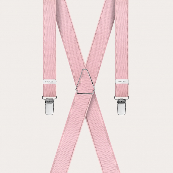 Formal skinny X-shape elastic suspenders with clips, satin pink