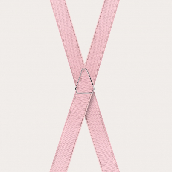 Formal skinny X-shape elastic suspenders with clips, satin pink